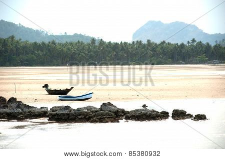 Traditional Fisherman Long Tailed Boat In Koh Phitak Island, Thailand.
