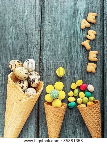 Cones are decorated for Easter quail eggs and candy colored jelly beans