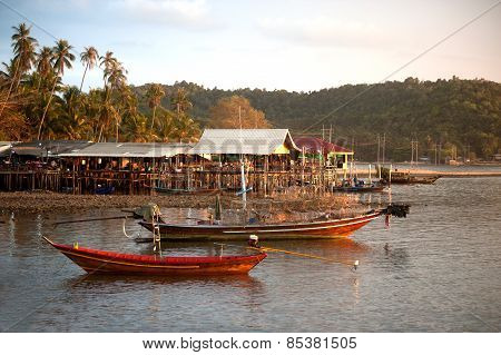 Traditional Fisherman Long Tailed Boat In Koh Phitak Island, Thailand.