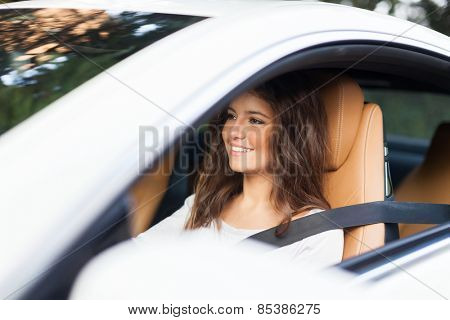 Young happy woman driving her car