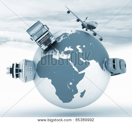 Types of transport on a globe in the sky background