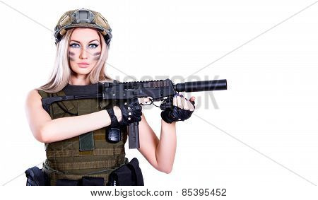 Woman In A Military Camouflage Holding The Smg