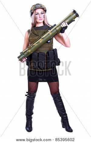 Woman In A Military Camouflage With A Bazooka