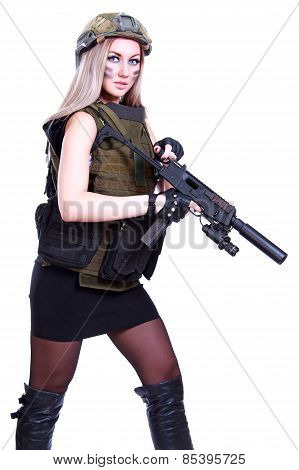 Woman In A Military Camouflage With A Submachine Gun