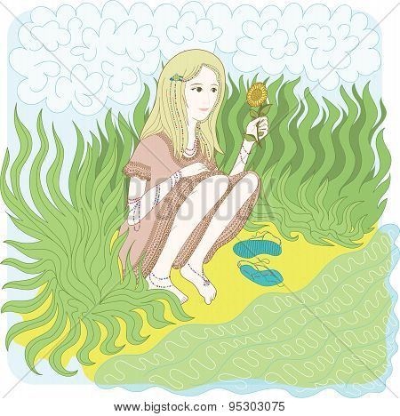Vector illustration. Romantic girl with sunflower