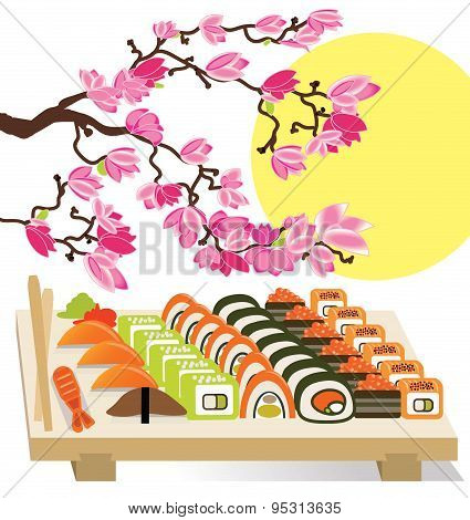 Beautiful set of Sushi Japanese food under the cherry trees