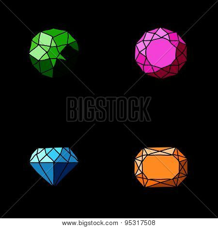 Set Of Different Diamonds Different Forms On Black Background.