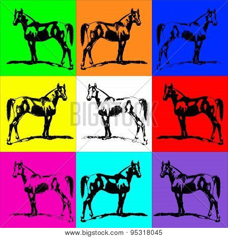 Horse Stallion Silhouette (arab). Bright Background Color. Collection.