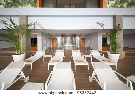 SOCHI, RUSSIA - JUL 27, 2014: The room with a round jacuzzi and loungers in Hotel Radisson Blu Paradise Resort and Spa