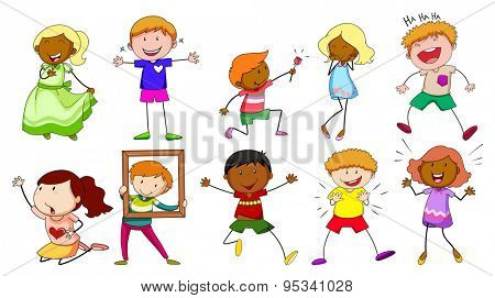 Children with different actions on white background