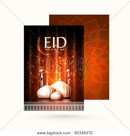Elegant greeting card with envelope, shiny mosque and glowing crescent moon on floral design decorated background for famous festival of Muslim community, Eid Mubarak celebration.