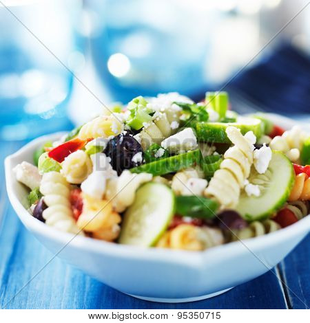 rainbow rotina pasta salad in greek style