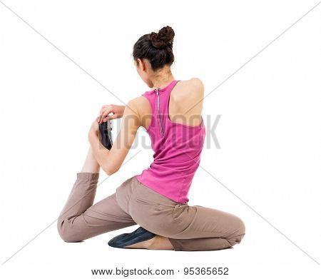 Back view of the girl sitting in front of a warm up exercise.  Rear view people collection.  backside view of person.  Isolated over white background. African-American in a complex yoga pose.