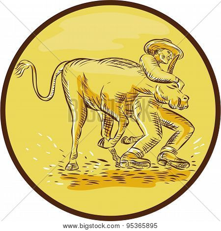 Rodeo Cowboy Steer Wrestling Circle Etching
