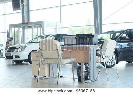 Serpuhov, Russia, June, 2015: Working place of managers in a dealer's car showroom in Serpuhov, Russia