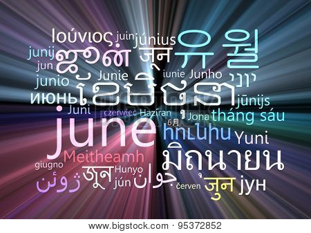 Background concept wordcloud multilanguage international many language illustration of june glowing light