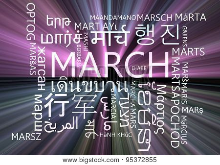 Background concept wordcloud multilanguage international many language illustration of march glowing light