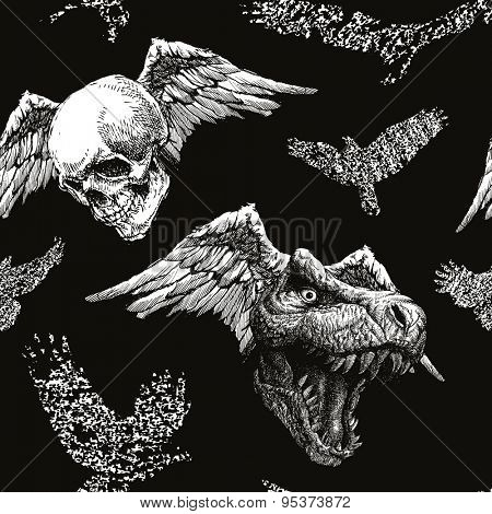 Trex Dinosaur halloween background. Vector seamless background.