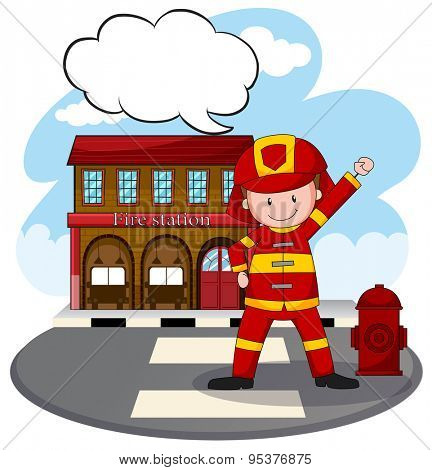 Fire fighter standing in front of fire station