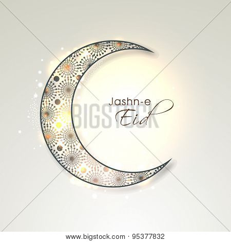 Shiny floral design decorated crescent moon on grey background, Elegant greeting card for holy festival of Muslim community, Jashn-e-Eid celebration. 