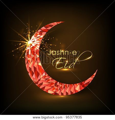 Creative shiny crescent moon on brown background, Elegant greeting card design for Jashn-e-Eid, famous Islamic festival, celebration.