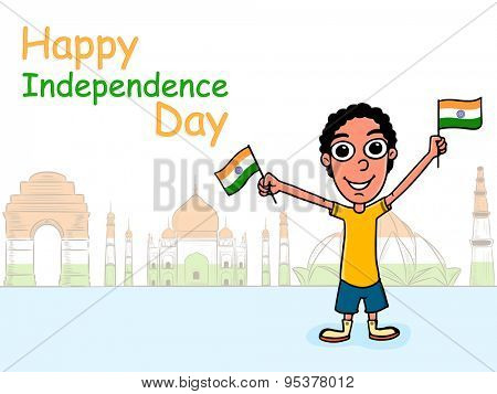 Cute boy holding Indian national flag and celebrating Happy Independence Day on famous historical monuments background.