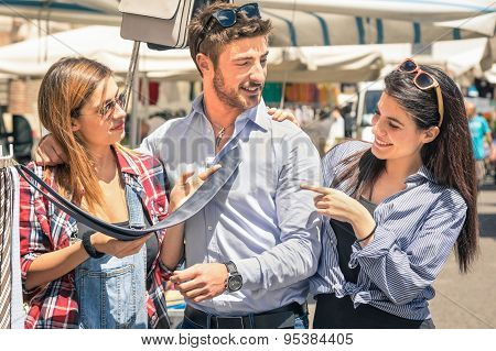 Young Tourists At The Weekly Cloth Market - Best Friends Sharing Free Time On The Weekend Having Fun