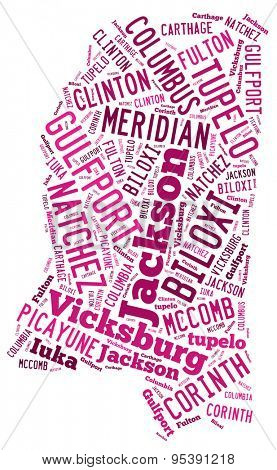 Word Cloud in the shape of Mississippi showing some of the cities in the state