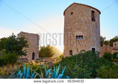Javea Xabia el molins at sunset in Mediterranean Alicante at Spain