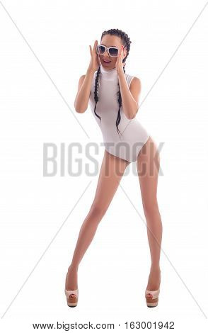 young beautiful brunette woman wearing sexy kombidress in studio
