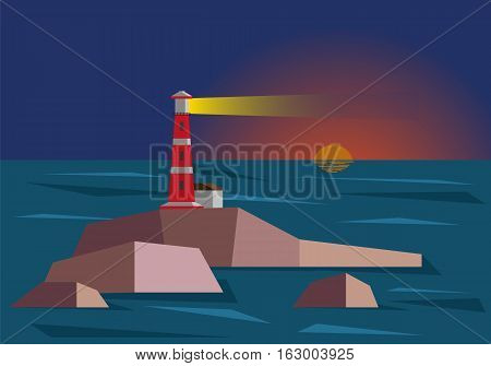 Lighthouse during sunset. Vector flat design illustration.