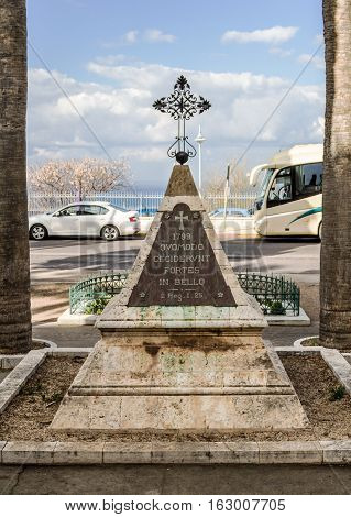 The monument to fallen Napoleon's soldiers in front of Stella Maris Monastery in Haifa Israel