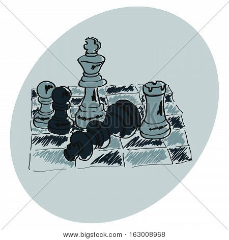 Chess on a chessboard. Blue pattern. Doodle. Hand drawing