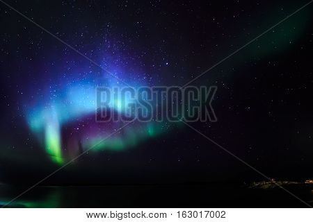 Northern Lights Over The Fjord, View From The Old Harbor, Nuuk City, Greenland