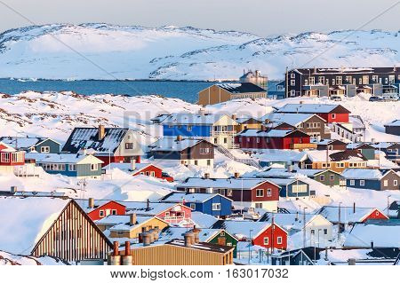 Nuuk City Covered In Snow With Sea And Mountains In The Background, Greenland