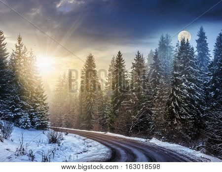 day and night concept of winter forest landscape. winding road that leads into the spruce forest covered with snow