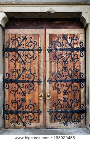Old wrought-iron gates. Church of St. Olha and Elizabeth, Lviv, Ukraine.