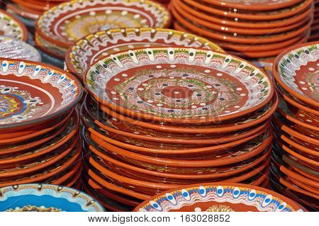 A Lot of Earthenware Crockery on the Pottery Market