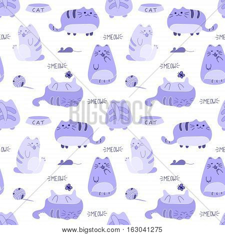 Cute funny seamless pattern with cats and accessories. Kawaii cat hand draw background. Vector illustration. Blue cats with dark outline on white.
