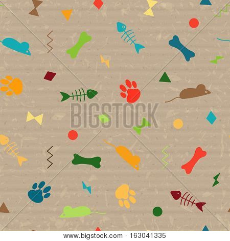 Seamless pattern for card, paper, scrapbook, wrapping, backdrop, texture. Pet background from bones, paws trail, fishbones and geometric figures. Vector illustration