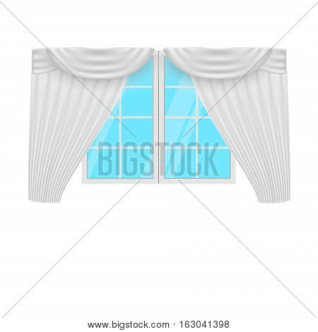 Window curtains. White curtans and windows. Vector illustration