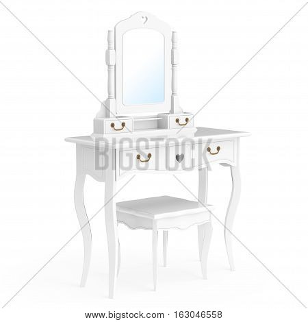 Antique Bedroom Vanity Table with Stool and Mirror on a white background. 3d Rendering