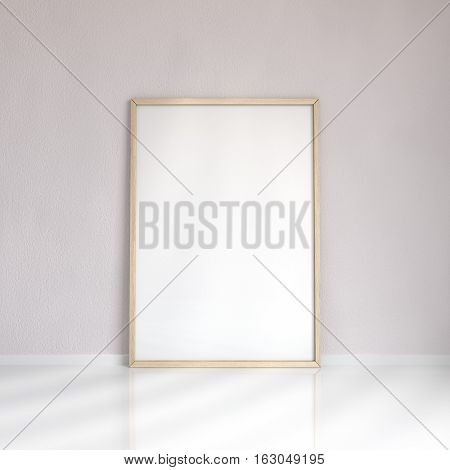 Realistic wooden blank picture frame near the wall, 3D rendering