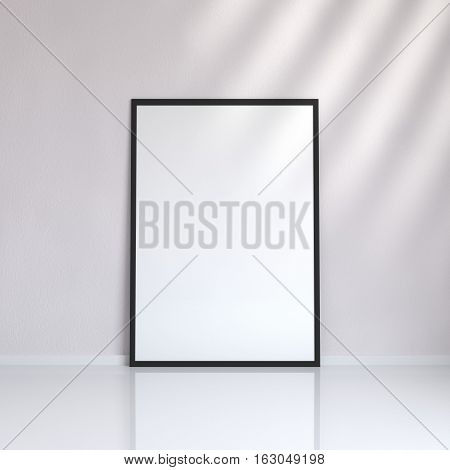 Realistic black blank picture frame near the wall, 3D rendering