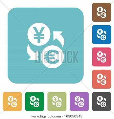 Yen Euro exchange white flat icons on color rounded square backgrounds