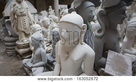 Statues of Hindu Gods and Goddess. Crafts and Arts of India. Murti handmade Manufacturing in Jaipur (Rajasthan). Indian God sculpture made of white marble. Ancient Traditions and Crafts of India