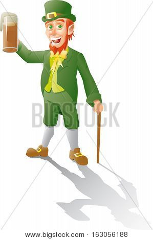 leprechaun makes a toast with beer and leans on a cane