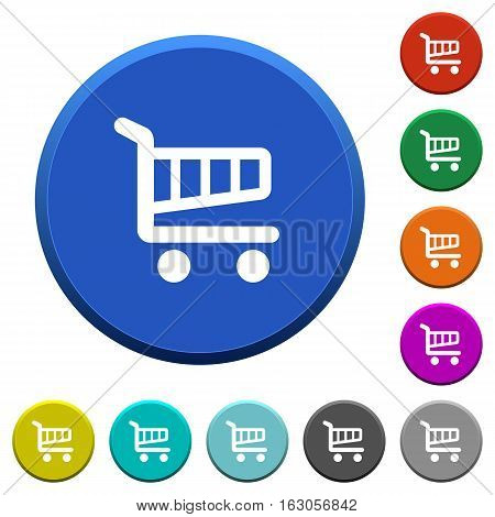 Cart round color beveled buttons with smooth surfaces and flat white icons