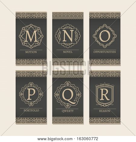 Cards set with monogram logos and borders. Letters M-R vector illustration