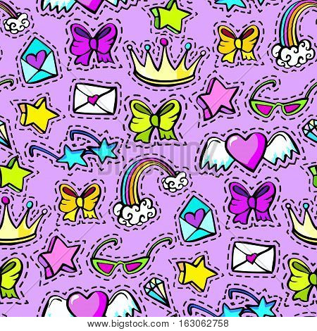 Seamless pattern with decorative fashion patch badges set with colorful girls elements. Girl patches in comic cartoon 80-90 style. Vector illustration stock vector.